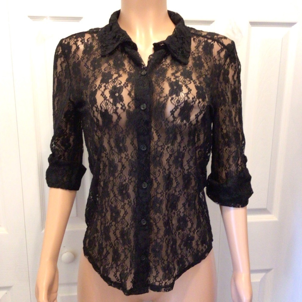 Teenbell Juniors Black Lace Semi Sheer Roll Tab Sleeve Button Up Top Size Large